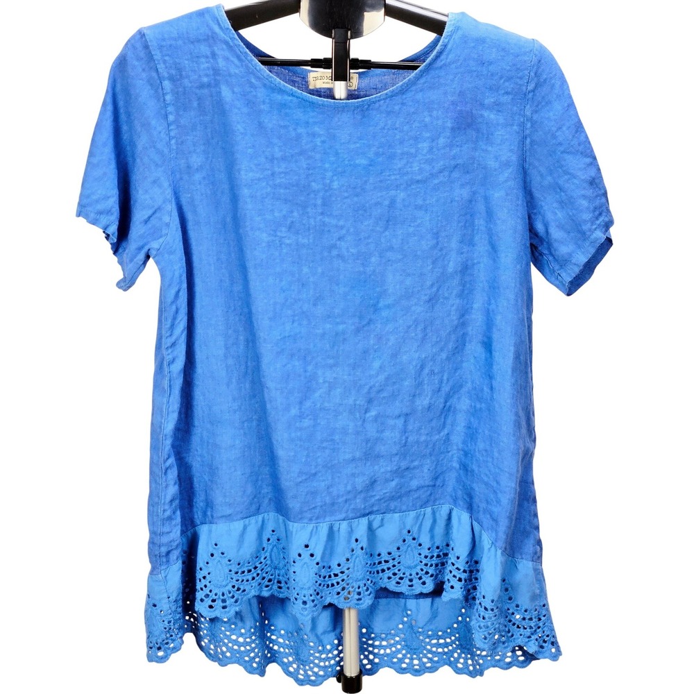 Women's Terzo Millennio Size L Blue Linen Crochet Hem Short Sleeve Top Resort